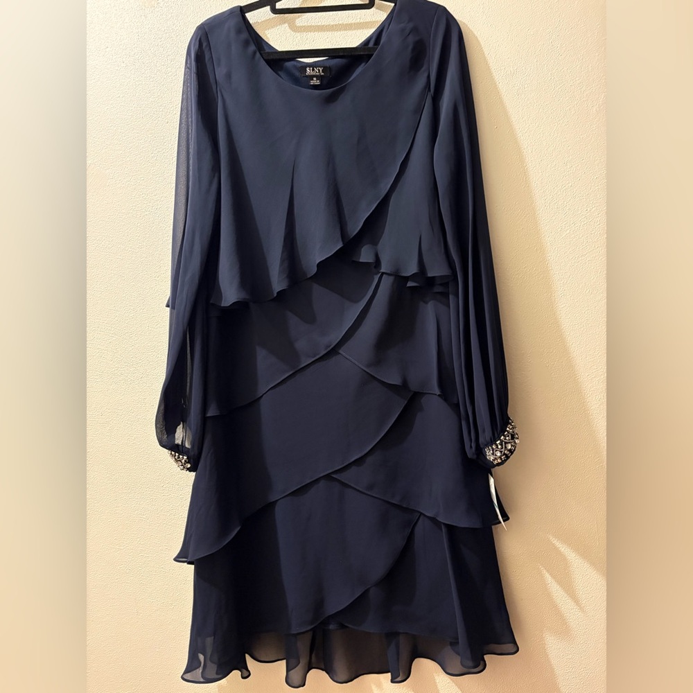 SLNY Navy Layered Chiffon Long-Sleeve Dress size 16